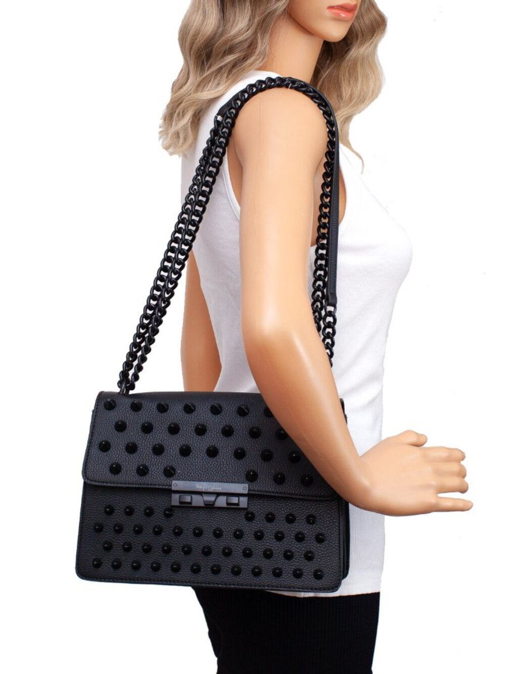 Foley Corinna Skyline Bandit Edgy Rocker Black Studded Crossbody Chain Bag